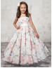 Floral Print Organza Flower Girl Dress With Decorated Buttons